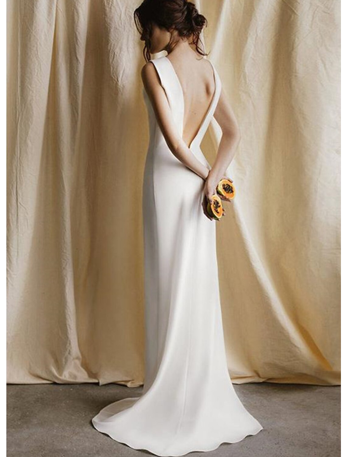 Reception Open Back Casual Wedding Dresses Sheath / Column Scoop Neck Sleeveless Sweep / Brush Train Satin Bridal Gowns With Solid Color Summer Fall Wedding Party, Women's Clothing
